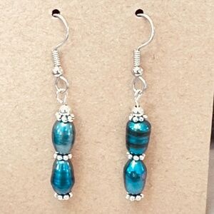 Stainless Steel Genuine Freshwater Teal Pearls 2ea w/Silver Tone Rondelles